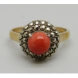 A silver gilt, coral and marcasite ring, N