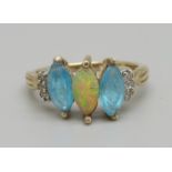 A 9ct gold, opal and topaz ring, opal chipped, 2.2g, N