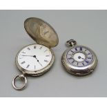 A silver demi-hunter fob watch, lacking hand and inner case bears inscription dated 1880, and a