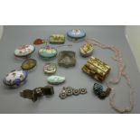 Trinket boxes and costume jewellery including a rose quartz necklace, Mexican silver bracelet, amber