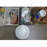 Three boxes containing mixed china, wooden items, shells, glassware, pewter tankards and cigarette