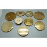 A collection of nine vintage powder compacts, including Goya, Stratton, Kigu, Vogue and one