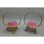 A pair of Venetian glass salts on plated stands, one a/f