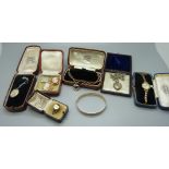 A ring marked '18ct gold cased', R, a lady's Omega wristwatch, rolled gold jewellery, etc.