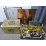 A collection of brass items including two fire guards, a log box, ornamental items and fireplace