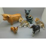 Two USSR tiger cubs, a Beswick Corgi, a/f, a Beswick pony, Highland cow (restored) and cat