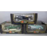 Three Burago 1/18th scale die-cast model vehicles, Chevrolet, Mercedes and Jaguar, boxed