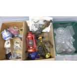 Three boxes of mixed china, metalware, figures, lanterns and Masonic ephemera **PLEASE NOTE THIS LOT