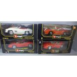 Four Burago 1:18th scale die-cast model vehicles, Ferrari x3 and Mercedes, boxed