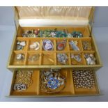 A jewellery box and key, containing vintage and later costume jewellery