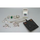 Six pairs of silver earrings, three silver rings and a silver pendant and chain