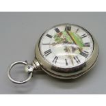 A Victorian silver pair cased verge pocket watch with painted dial with ploughing scene, London