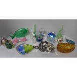 A Winstanley cat and a collection of glass paperweights and other glass ornamental items, some a/f