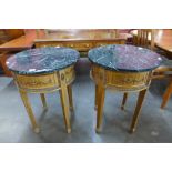 A pair of French style mahogany and marble topped gueridon tables