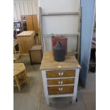 A part painted pine chest, a clothes airer and two oil cans