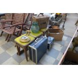 Three folding beech and vinyl stools, two wicker baskets, a gilt barometer, etc.