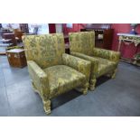 A pair of 19th Century French Louis XV style giltwood and upholstered armchairs