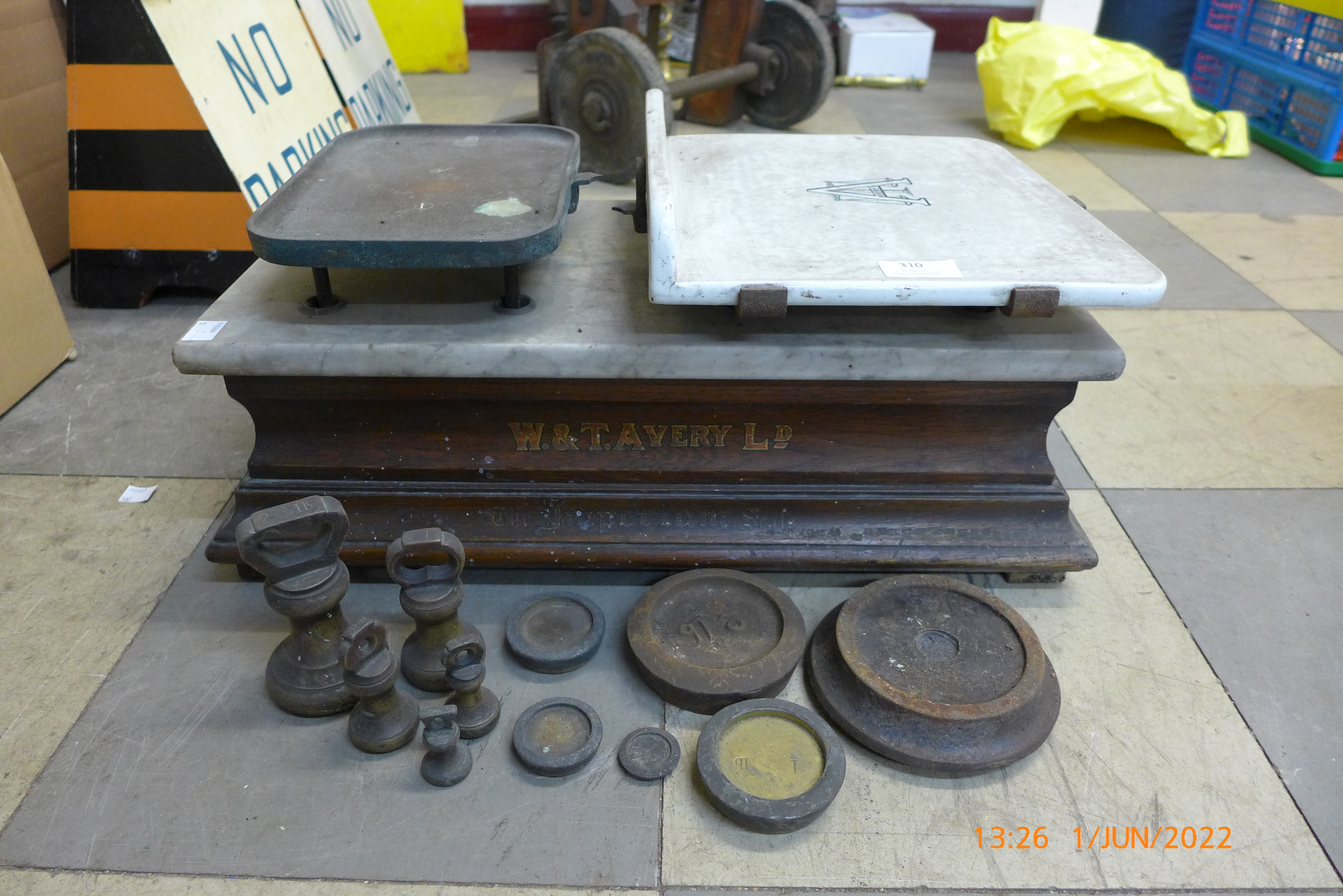 A set of vintage scales with weights, W & T Avery Ld