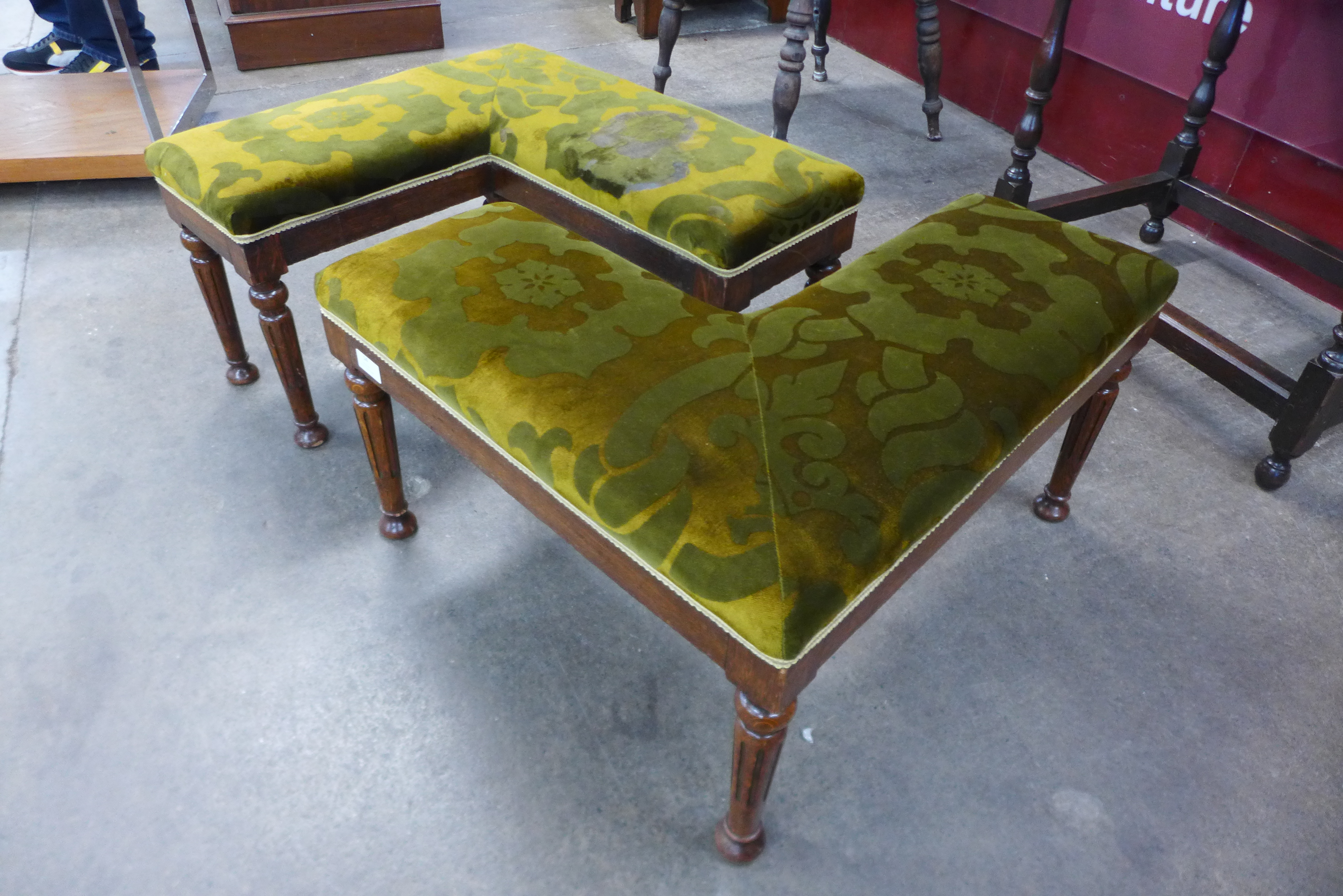 A pair of Victorian oak and upholstered asymmetric stools - Image 3 of 3