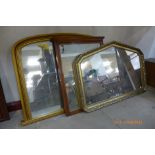Two gilt framed mirrors and a mahogany framed mirror