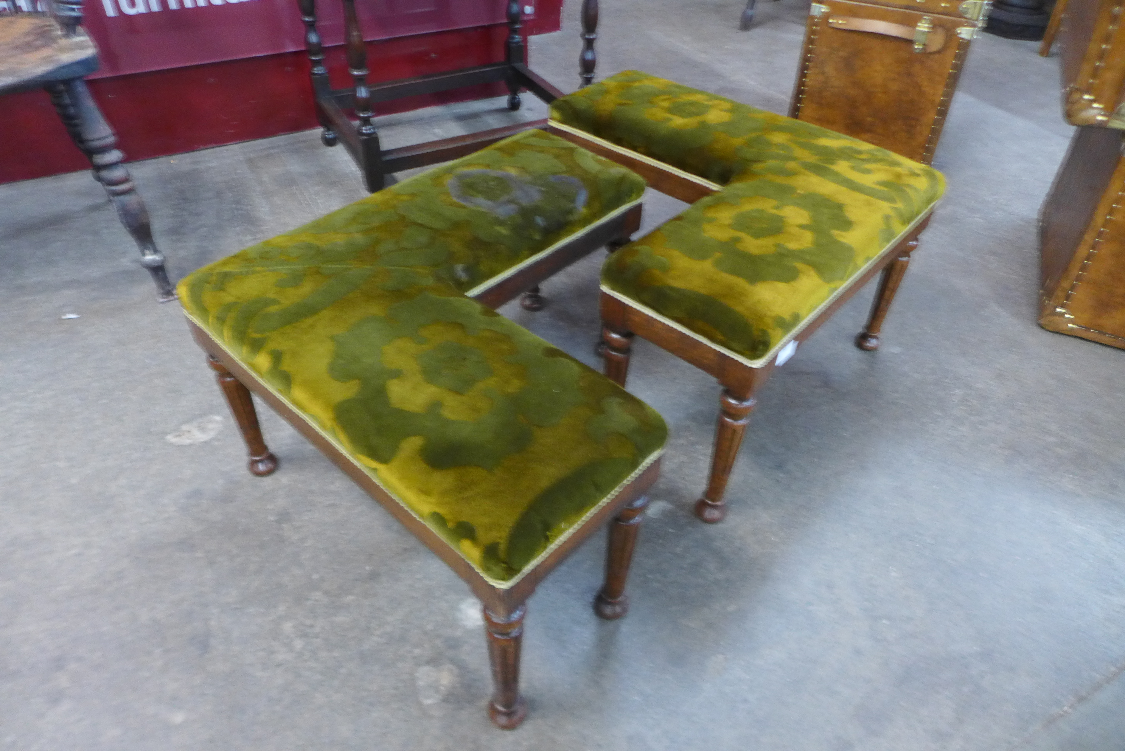 A pair of Victorian oak and upholstered asymmetric stools - Image 2 of 3