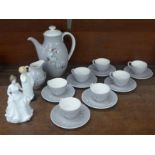 Two Royal Doulton figures, Darling and Harmony and a Royal Doulton Frost Pine seven setting coffee