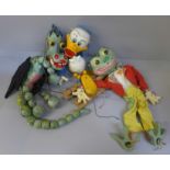 Two vintage Pelham puppets, dragon and duck