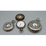 Two silver demi-hunter fob watches and an 800 silver demi-hunter pocket watch lacking glass, (one