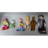 An Armand Marseille doll, one other vintage Norah Wellings doll and a collection of clown dolls