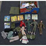 Three Action Man figures, clothing, accessories and six story booklets, (two figures with one arm