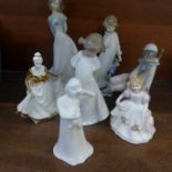 Seven figures, four Nao, two Royal Doulton and Minton china