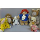 Seven soft toys, including Paddington Bear, Andrex Dog and Bagpuss