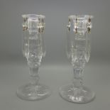 A pair of glass candlesticks with lustre drops, 21.5cm