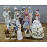 A collection of porcelain figures, Coalport, a/f, Hummel, Welshcrest Charades, seventeen in