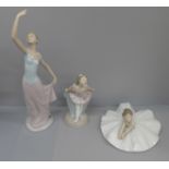 Three Nao figures; two ballet dancers and one other dancer, tallest 35cm