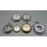 A Gallenkamp stopwatch, a Smiths stopwatch a/f, three pocket watches, two a/f and a fob watch