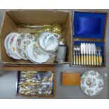 A Noritake bowl, Princess Royale bowl, other decorative plates, brass ladles, walnut box, pewter