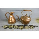 A copper kettle and jug and horse brasses **PLEASE NOTE THIS LOT IS NOT ELIGIBLE FOR POSTING AND