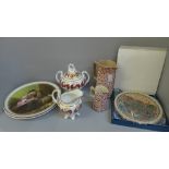 Three Fenton China Company pictorial plates, two Royal Worcester collector's plates, two chintz jugs