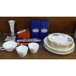 Royal Crown Derby china; cups, plates and a bottle opener, some boxed