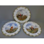 Three Royal Crown Derby hunting scene plates with scallop edge, signed Scott, one a/f