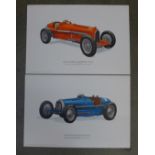 Two original lithographic prints of 1934 Alfa Romeo and a 1934 Grand Prix Bugatti Type 59, printed