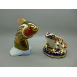 Two Royal Crown Derby paperweights, frog and fish, fish lacking stopper