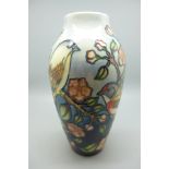 A Moorcroft Linnets and Blossom vase, design by Sian Leeper, trial version, 20cm, boxed, RRP £265