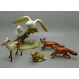 Four Beswick figurines and a Royal Crown Derby Budgerigars figure, missing tail feather