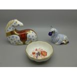 Two Royal Crown Derby paperweights, a horse and a lamb, lacking stoppers and a trinket dish