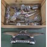 Assorted chrome car parts and badges; Morris, Austin, Volvo, Fiesta, Wolseley, etc.