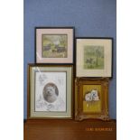 Five assorted prints and an oil painting of West Yorkshire Terriers, manner of Arthur Wardle