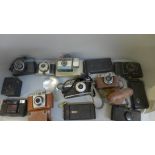 A box of cameras including Olympus and Kodak