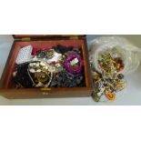 A wooden case of costume jewellery, some a/f